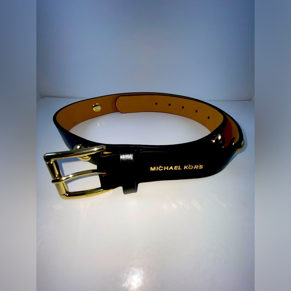 MICHAEL Michael Kors Gold Ball Studded Black Leather Belt Sz Medium NWT